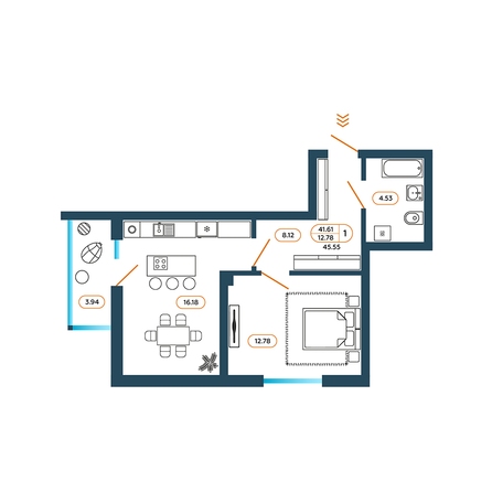 Планировка 1-комн 45,55 м²