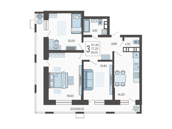 Планировка 3-комн 84,1 м²