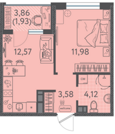 Планировка 1-комн 34,18 м²