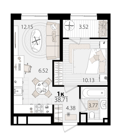 Планировка 1-комн 38,44 м²