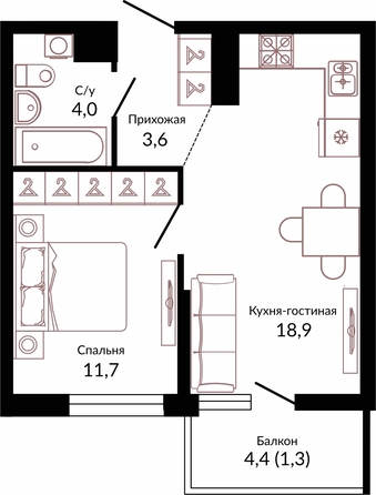 Планировка 1-комн 39,5 м²