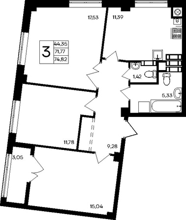 Планировка 3-комн 74,82, 75,11 м²