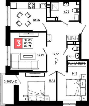 Планировка 3-комн 64,71 м²