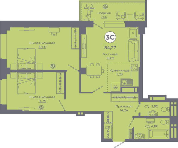 Планировка 3-комн 83,61 - 84,78 м²