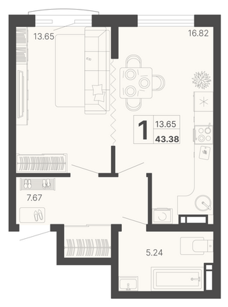 Планировка 1-комн 43,38 м²