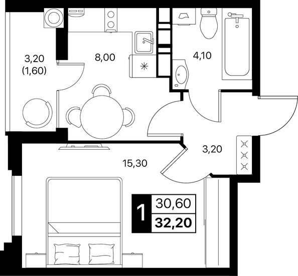 Планировка 1-комн 32,2 м²