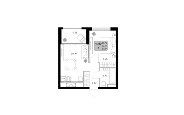Планировка 1-комн 38,44 м²