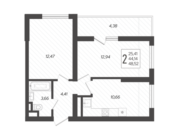 Планировка 2-комн 48,52 м²