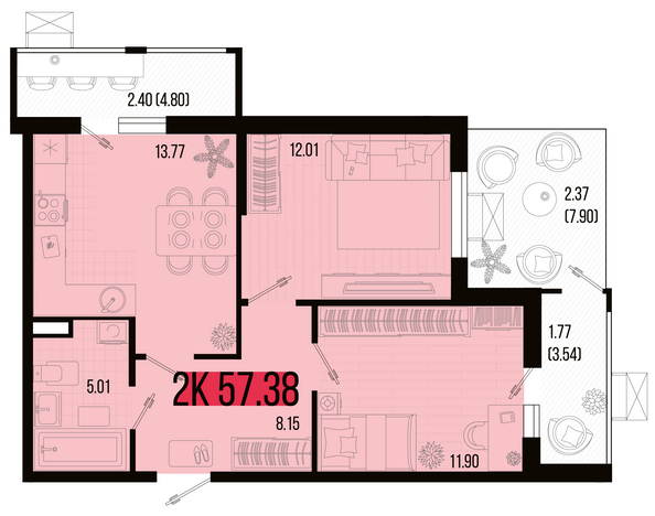 Планировка 2-комн 57,38 м²