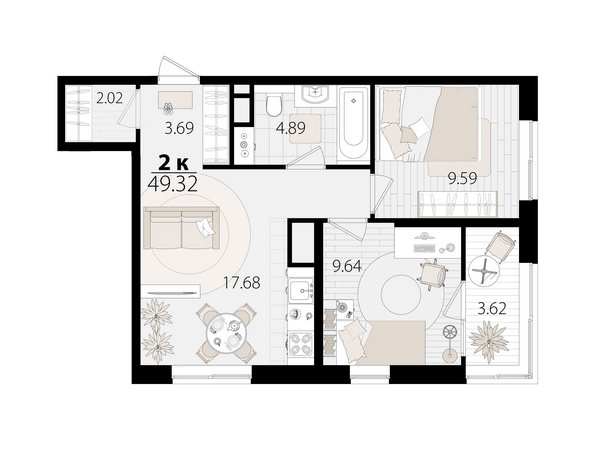 Планировка 2-комн 48,74 м²