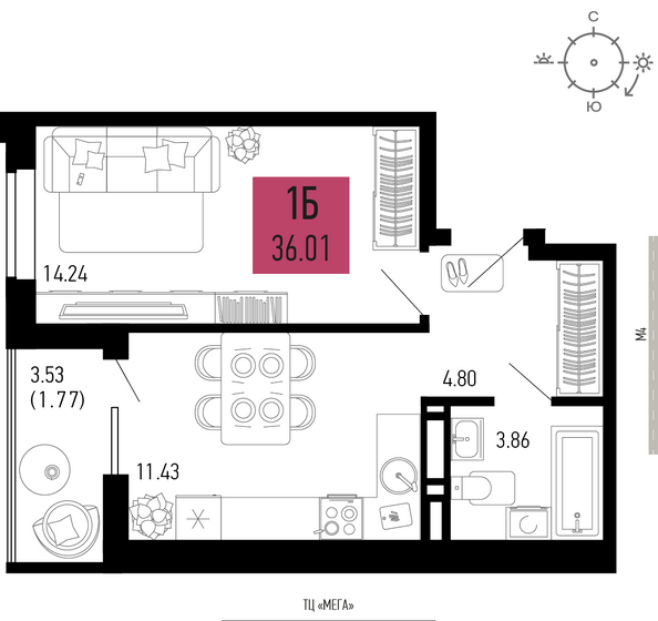 Планировка 1-комн 36,01 м²