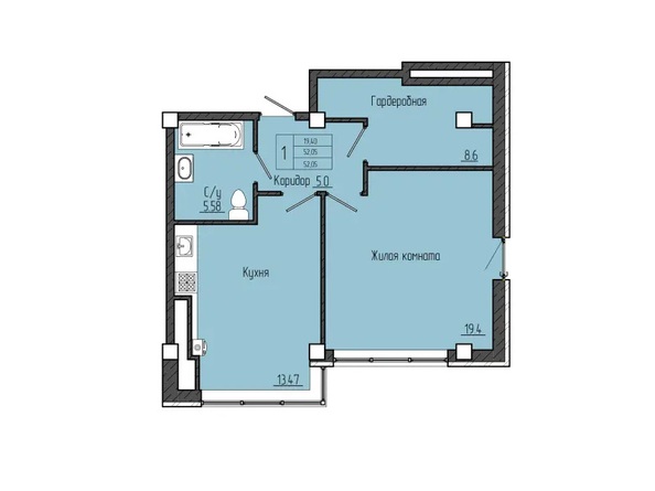Планировка 1-комн 52,06, 52,35 м²