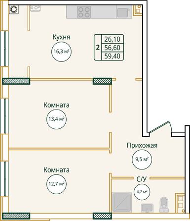 Планировка 2-комн 59,4 м²