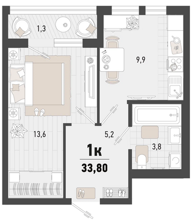Планировка 1-комн 33,8 м²