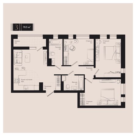 Планировка 3-комн 78,5 м²