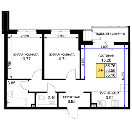 Планировка 2-комн 55,18 м²