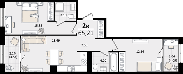 Планировка 2-комн 65,21 м²