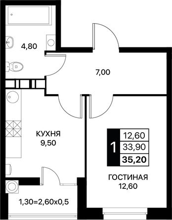 Планировка 1-комн 35,2, 35,6 м²