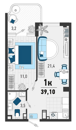 Планировка 1-комн 39,1 м²