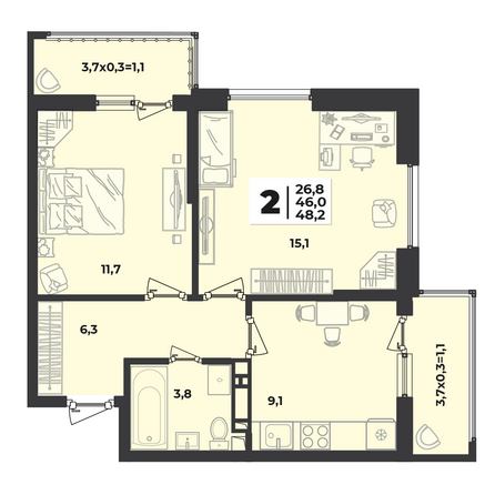 Планировка 2-комн 48,2 м²
