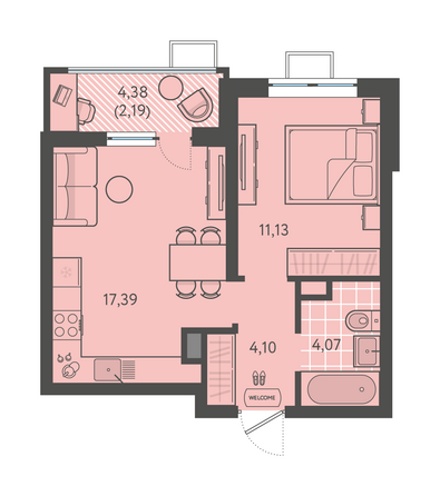 Планировка 1-комн 38,88 м²