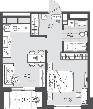 Планировка 1-комн 36,8 м²