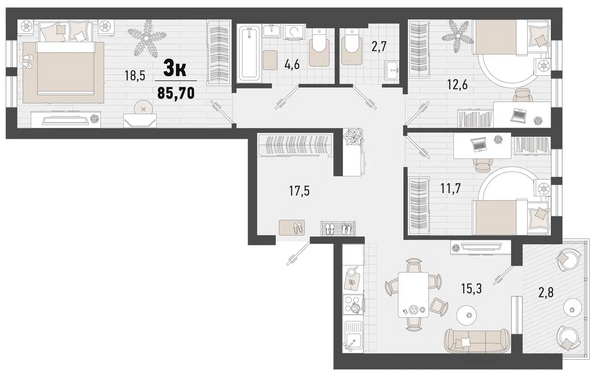 Планировка 3-комн 85,7 м²