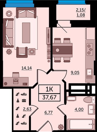 Планировка 1-комн 37,67 м²