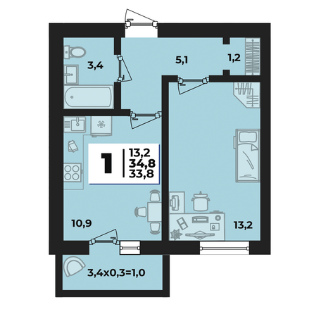 Планировка 1-комн 34,8 м²