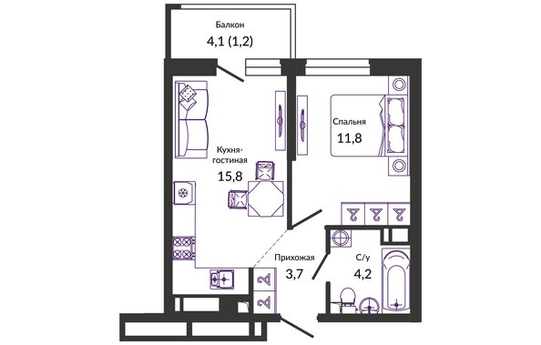 Планировка 1-комн 36,7 м²