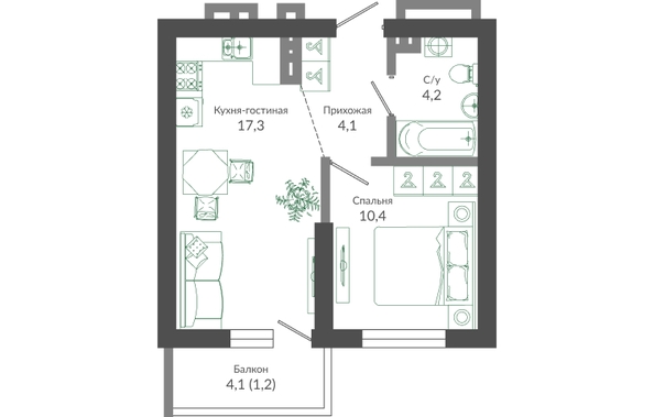 Планировка 1-комн 37,2 м²