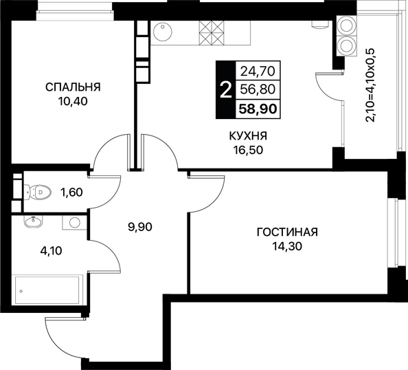 Планировка 2-комн 58,9 - 59,3 м²