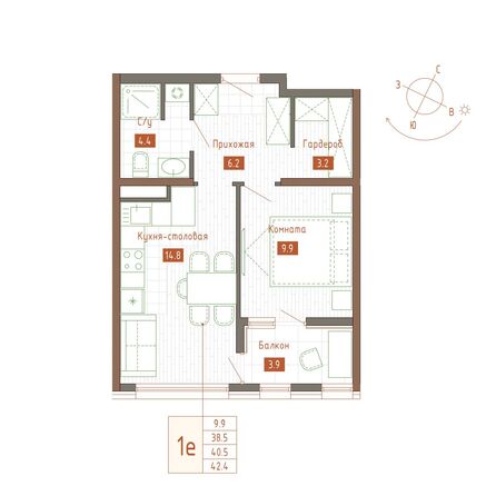 Планировка 1-комн 40,5, 40,8 м²