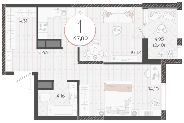 Планировка 1-комн 47,8 м²