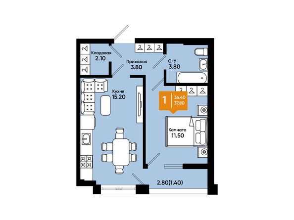 Планировка 1-комн 37,8 м²