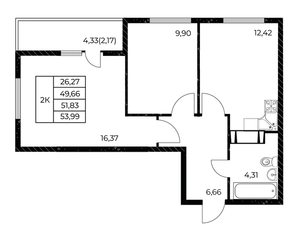 Планировка 2-комн 53,99 м²