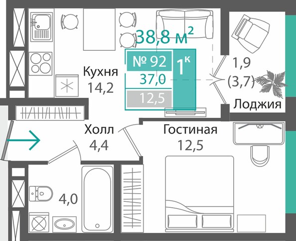 Планировка 1-комн 37 м²