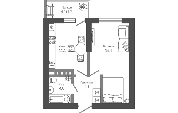 Планировка 1-комн 37 м²