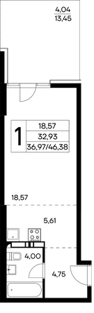 Планировка 1-комн 46,06 - 46,96 м²