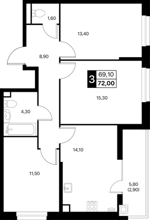 Планировка 3-комн 72 м²