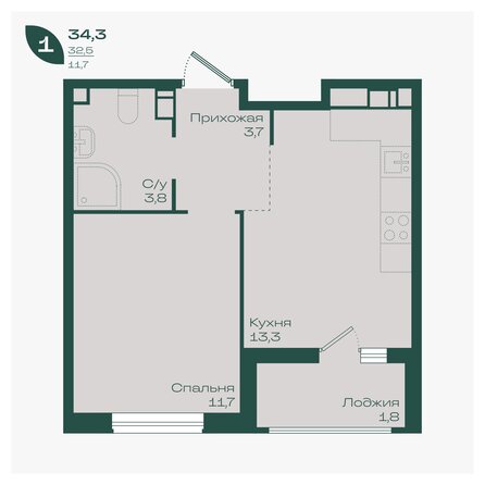 Планировка 1-комн 34,3, 35 м²