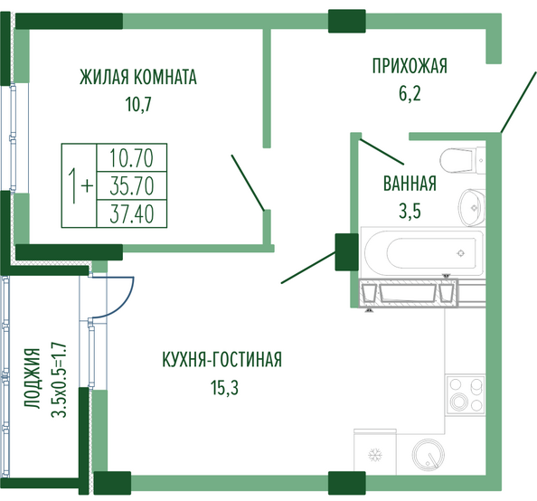 Планировка 1-комн 37,4 м²