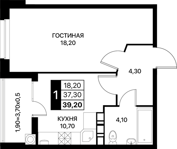 Планировка 1-комн 39,2, 39,6 м²