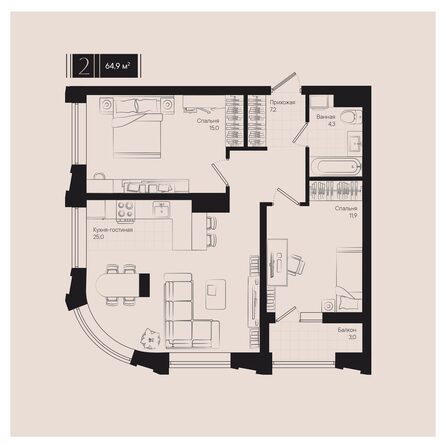 Планировка 2-комн 64,9 м²