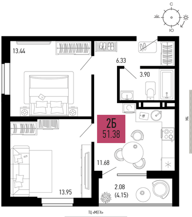 Планировка 2-комн 51,38 м²