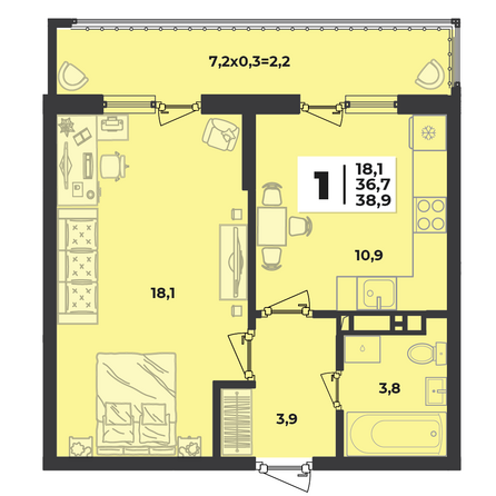 Планировка 1-комн 38,9 м²