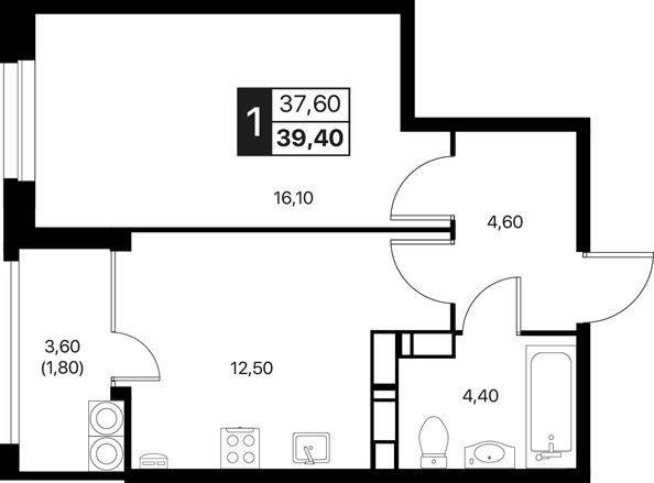 Планировка 1-комн 39,4, 39,8 м²