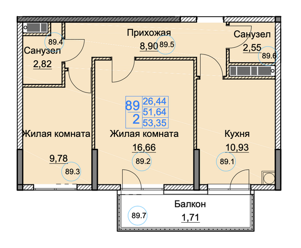 Планировка 2-комн 53,35 м²