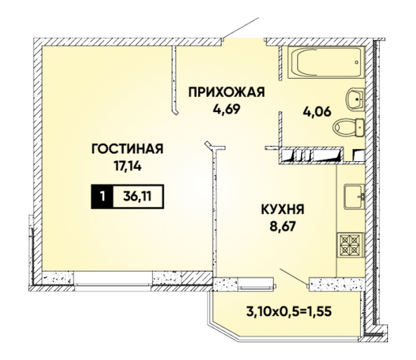 Планировка 1-комн 36,11 м²