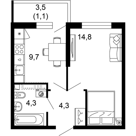 Планировка 1-комн 34,2 м²